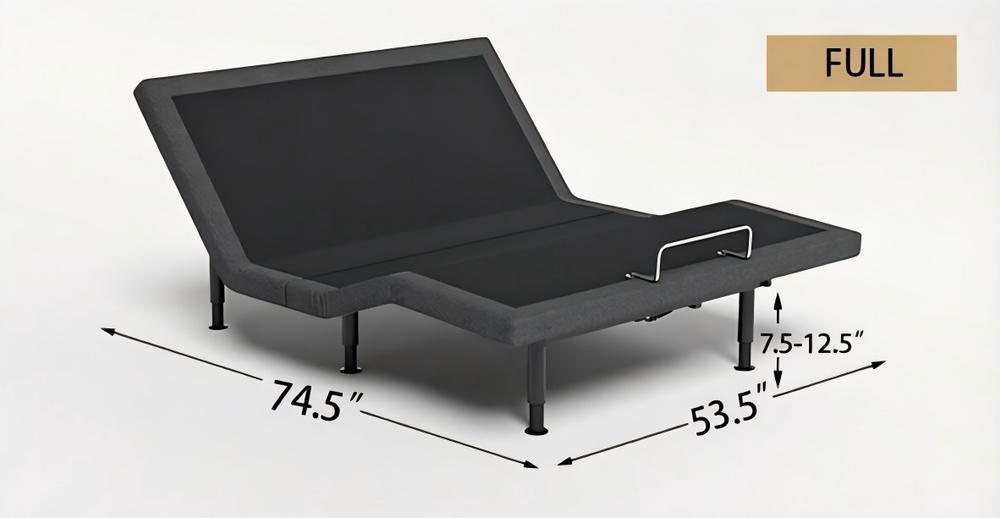 Full base dimensions: 74.5″ × 53.5″, legs 7.5–12.5 inches