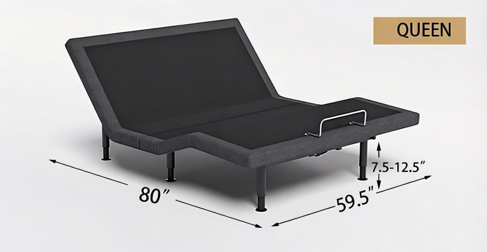 Queen base dimensions: 80″ × 59.5″, legs 7.5–12.5 inches